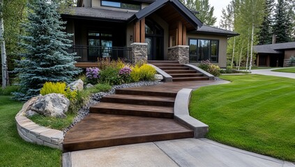 Obraz premium Stained Concrete with Elegant Curved Steps Leading to the Front Door