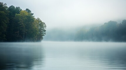 Fototapeta premium Misty Lake Surrounded by Lush Evergreen Trees in the Tranquil Early Morning
