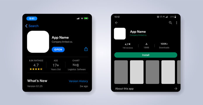 Play market interface. App listing template. Store for mobile application mock-up. Apps page profile with rating screen. Games play list market. Vector illustration.