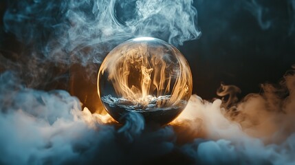 A captivating crystal ball with ethereal smoke adorns a shadowy backdrop, inviting wonder and mystery. 