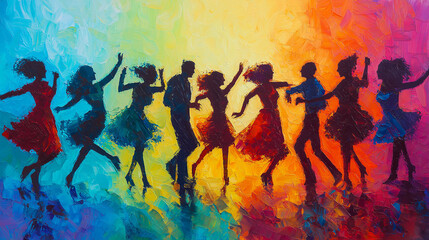 Fototapeta premium Lively group dancing salsa in colorful studio