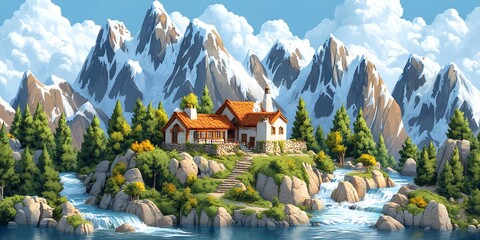 Fototapeta premium A picturesque mountain landscape with a charming cottage nestled amongst the peaks and a cascading river flowing through the foreground.