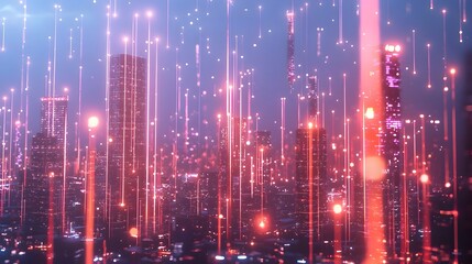 Fototapeta premium Futuristic Quantum Internet Skyline with Glowing Nodes and Shimmering Light Strands