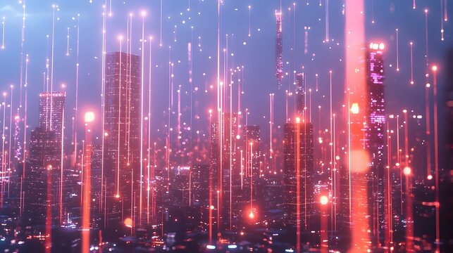 Futuristic Quantum Internet Skyline with Glowing Nodes and Shimmering Light Strands
