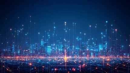 Obraz premium Futuristic Cityscape with Glowing Quantum Network of Interconnected Nodes and Light Strands