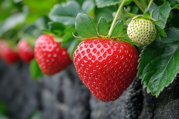 A pot of red and white strawberries growing from a grey pot with a blurry background and green leaves