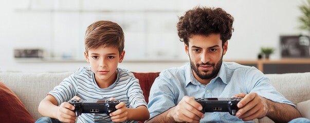 Father and son playing video games together on the couch, both intensely focused, Fathers Day, modern family fun