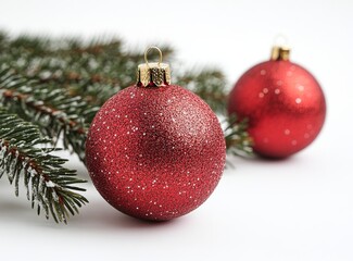 On a white background, a green spruce tree is surrounded by a red shiny toy. Merry Christmas and a happy new year.