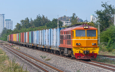 Fototapeta premium freight Container train num 777 at Prachuap Khiri Khan