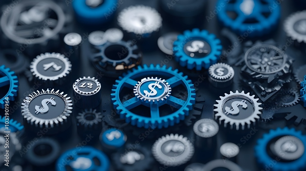 Poster interlocking gears with currency symbols representing the complex interplay of financial mechanisms 