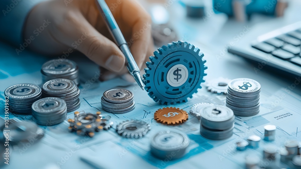 Aufkleber interlocking gears with currency symbols depicting the intricate mechanisms and processes involved i