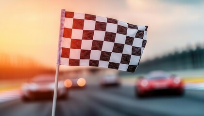 Highspeed motion blur of a checkered flag waving in front of roaring race cars racing, speed, flag