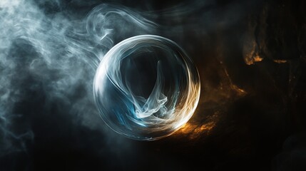 A captivating crystal ball with ethereal smoke adorns a shadowy backdrop, inviting wonder and mystery. 