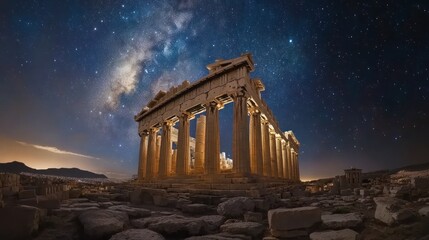 Fototapeta premium The Parthenon in Athens, Greece, at night with the Milky Way galaxy visible in the sky.