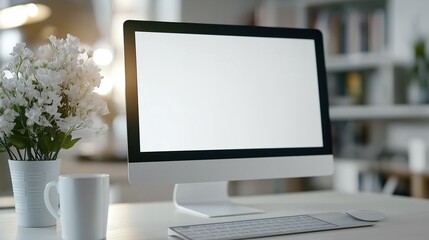 Fototapeta premium Mockup pc screen with flowers and tea cup in home office. E business equipment display template advertising image. Computer monitor mock up on table product photorealistic