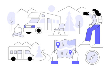 Camping travel landscape. Camping van trip concept. Flat vector illustration. Tourist woman taking pictures of landscape