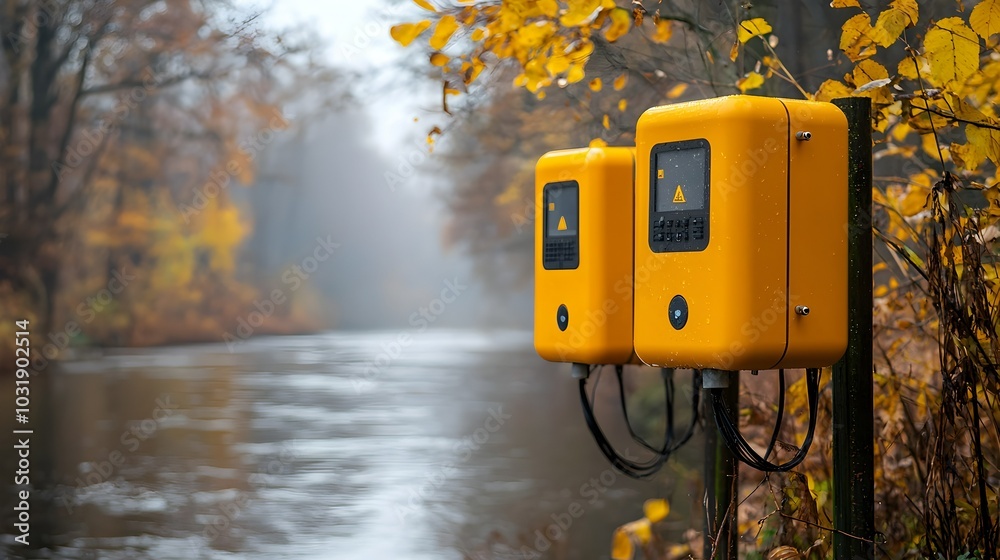 Leinwandbilder iot based flood sensors installed along a riverbank to continuously monitor water levels and provide
