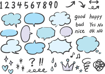 手描き風　吹き出しと飾りセット　水色