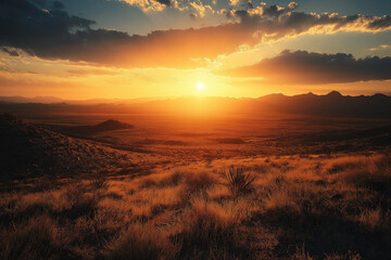 Obraz premium A beautiful sunset over a vast, empty field