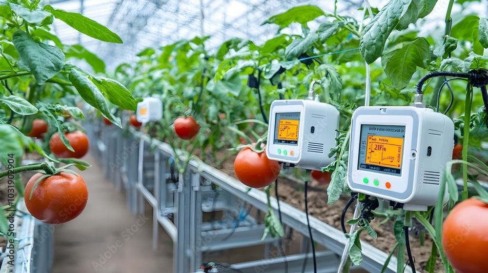 Aufkleber IoT powered humidity sensors installed inside a modern greenhouse enabling precise climate monitoring and environmental control for optimized agricultural cultivation and management
