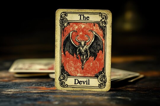 The devil tarot card standing on a wooden surface