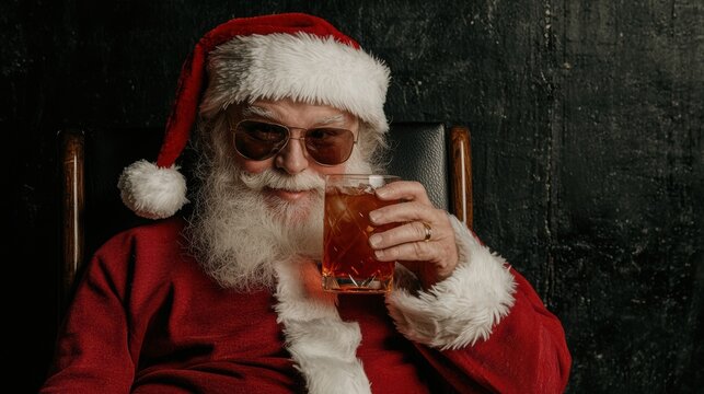 A jolly Santa Claus enjoying a drink, wearing sunglasses and a festive outfit, perfect for holiday-themed projects.
