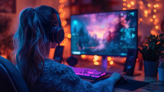 Woman playing videogame on computer image. Female enjoying gaming on powerful pc at home photography scene wallpaper. E sport internet technology concept photorealistic photo
