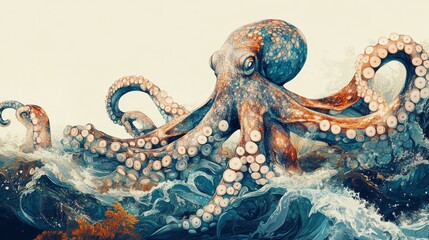 Fototapeta premium A stylized yet realistic illustration of an octopus entangled in seaweed, with fine details in its tentacles, and wide open copy space in the water and foreground