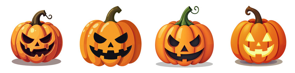 collection of 4 jack-o-lantern pumpkins. Set of cute halloween characters isolated PNG with no background in cartoon style