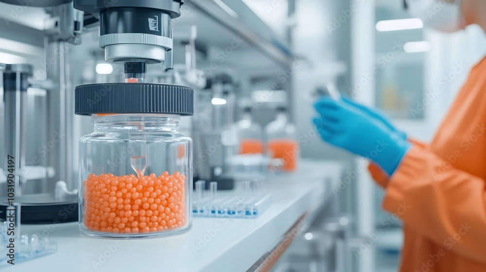 Poster Magnetic beads used for DNA extraction and analysis in a science laboratory setting  The transparent liquid and glass equipment suggest a biotechnology or genetics research environment