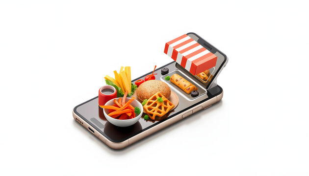 Order food online on mobile phone isolated with white highlights, png
