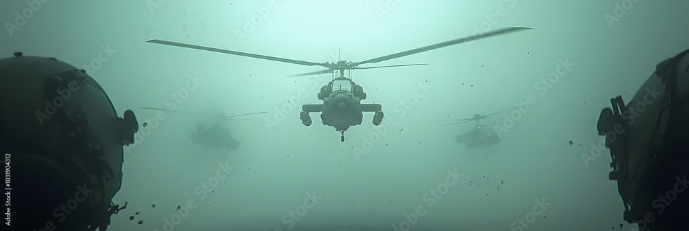 Aufkleber low flying combat helicopters swiftly navigate the forested terrain poised for a tactical military i