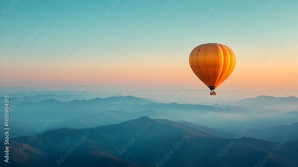 Aufkleber majestic air balloon gracefully floating over a serene mountain range shrouded in misty fog at the m