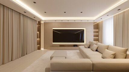 A comfortable light room with a home cinema, a large screen in a modern interior design