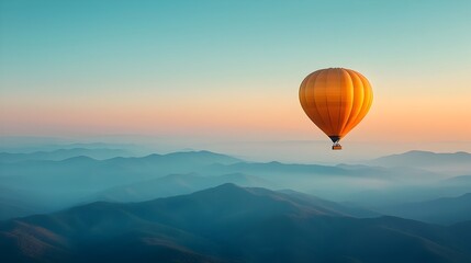 Majestic air balloon gracefully floating over a serene mountain range shrouded in misty fog at the magical hour of dawn creating a dreamy and atmospheric landscape for adventure and