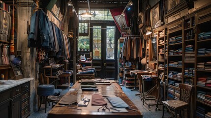 The interior of a clothing store, showcasing shelves stocked with folded clothes, a rack of hanging garments, and a table with fabric swatches in the center.
