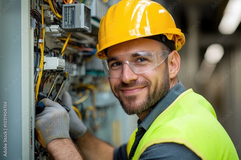 Aufkleber electrician working on electrical panel smiling at camera