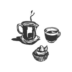 Black and white line art illustration of a coffee pot, cup, and dessert. Perfect for food and drink-related projects, menus, or cozy lifestyle visuals. Hand-Drawn Line Art.