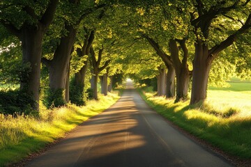 Obraz premium Beautiful sunlit avenue with big trees at sunrise