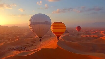 Obraz premium Mesmerizing hot air balloons gently floating across a serene desert landscape silhouetted against the vibrant golden sky at magical sunset This captivating scene evokes a sense of wonder adventure