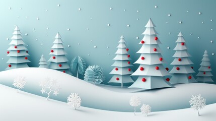 Obraz premium A paper cut Christmas scene with trees and mountains behind