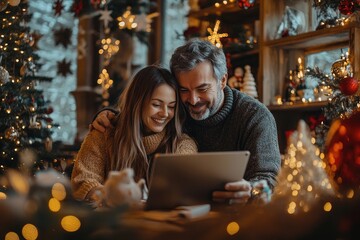 Happy couple using digital tablet on christmas eve