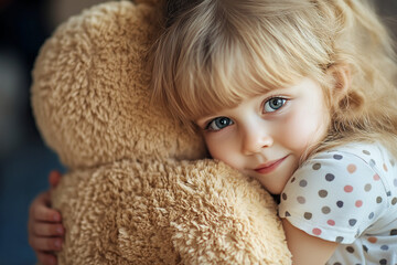A young girl is hugging a teddy bear