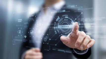 Businessman touching virtual AI ethics icon. AI ethics, Artificial intelligence law, AI ethics, or AI law concept.	