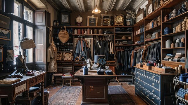 A dimly lit antique shop interior with a tailor's workroom featuring clothing displays, sewing tools, and a mannequin.