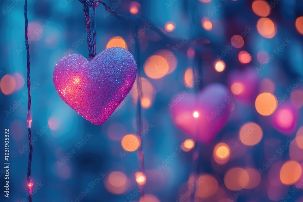 Poster pink glitter heart hanging on string of lights with blue bokeh background