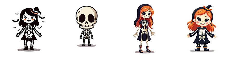 collection of 4 skeletons. Set of cute halloween characters isolated PNG with no background in cartoon style