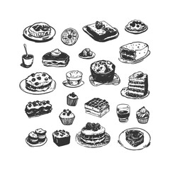 Variety of Cakes and Desserts - Hand-Drawn Line Art. Black and white line art collection of different cakes, cupcakes, and desserts.