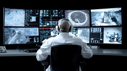 Modern industrial control room with digital monitors and dashboard interfaces overseeing various wastewater treatment processes and infrastructure at a utility facility