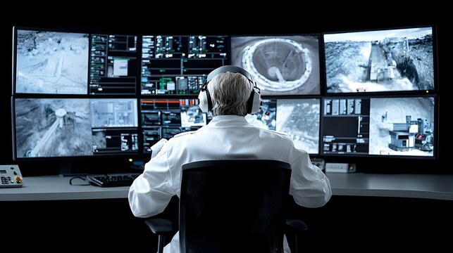 Modern industrial control room with digital monitors and dashboard interfaces overseeing various wastewater treatment processes and infrastructure at a utility facility